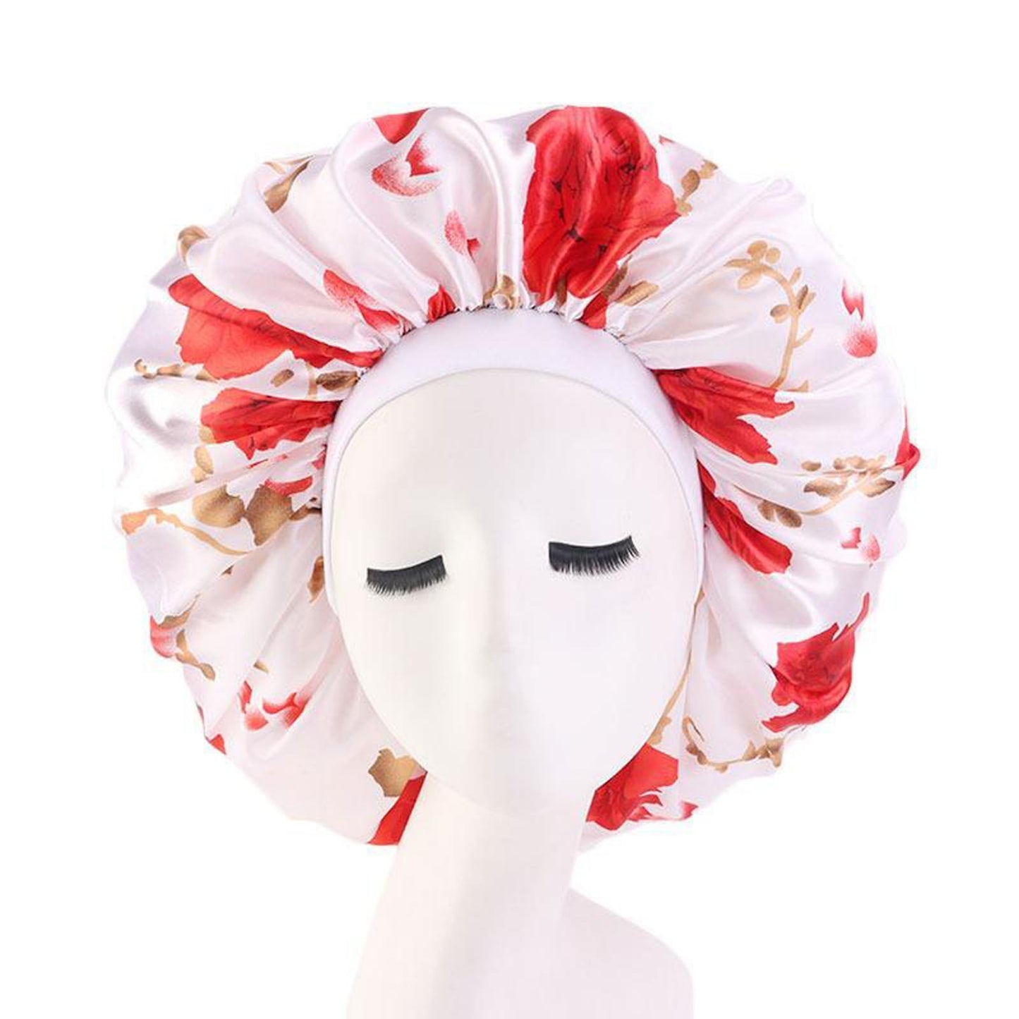 Satin Women Sleep Cap Night Wrap Elastic Sleeping Bonnet Safflower On White