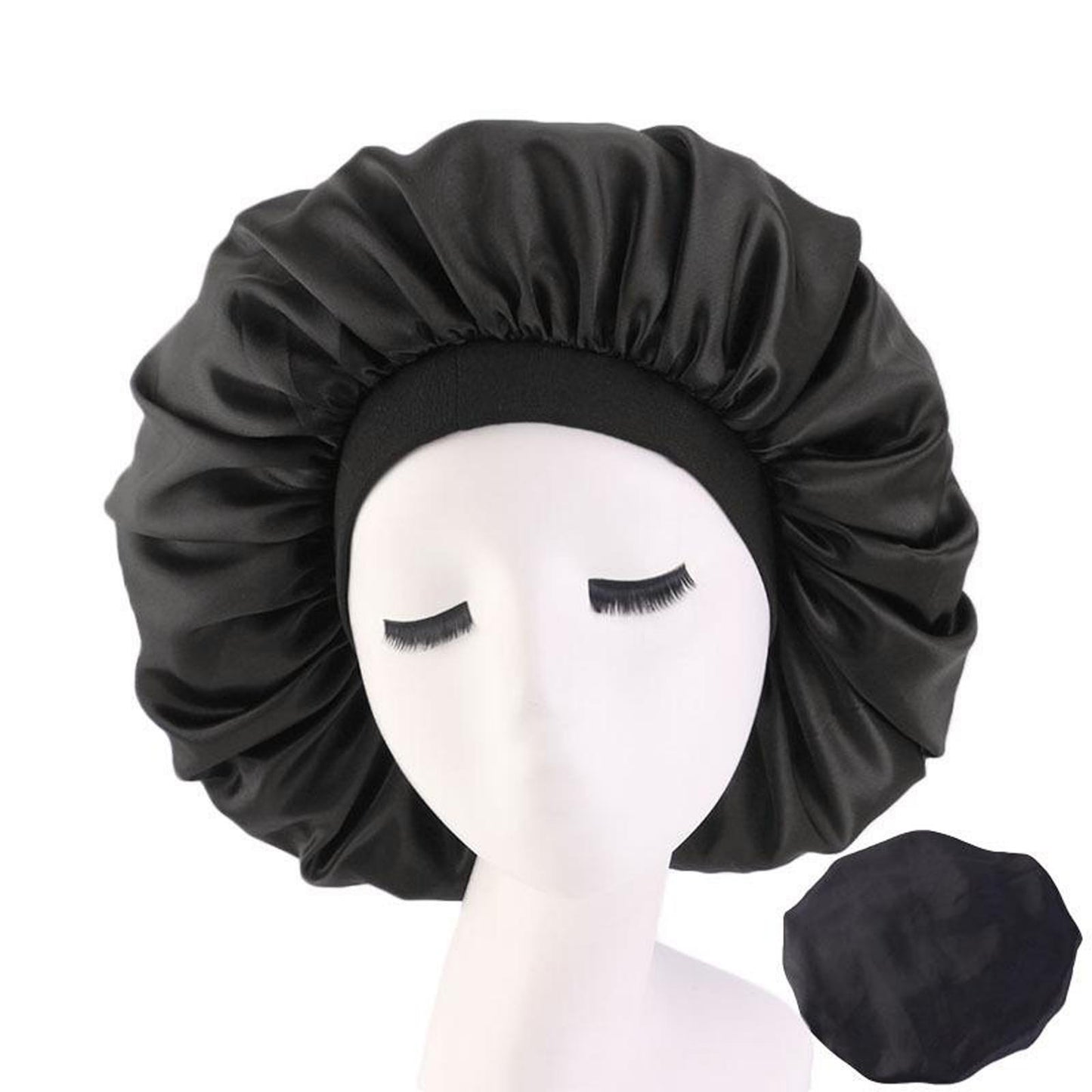 Satin Women Sleep Cap Night Wrap Elastic Sleeping Bonnet Black