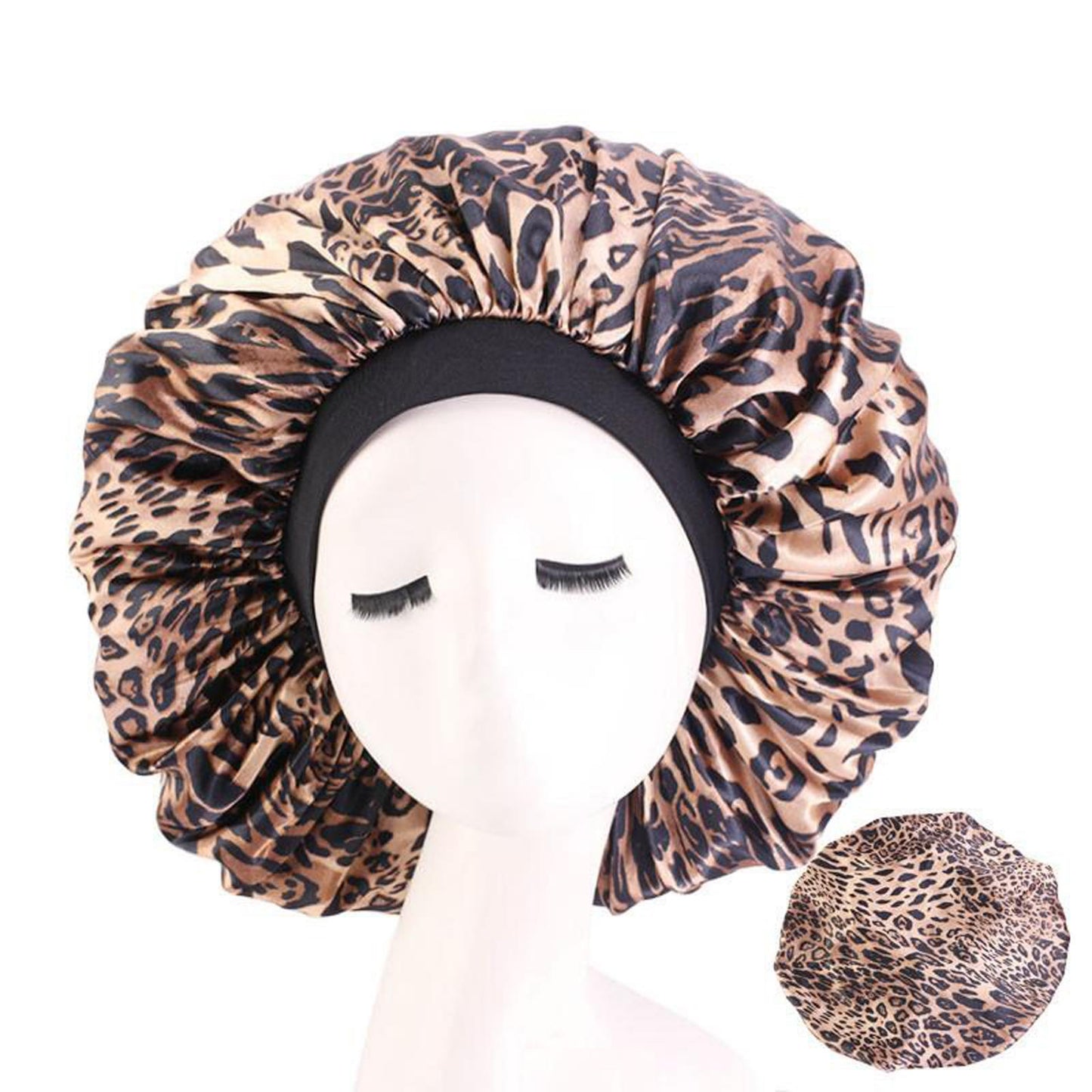 Satin Women Sleep Cap Night Wrap Elastic Sleeping Bonnet Leopard
