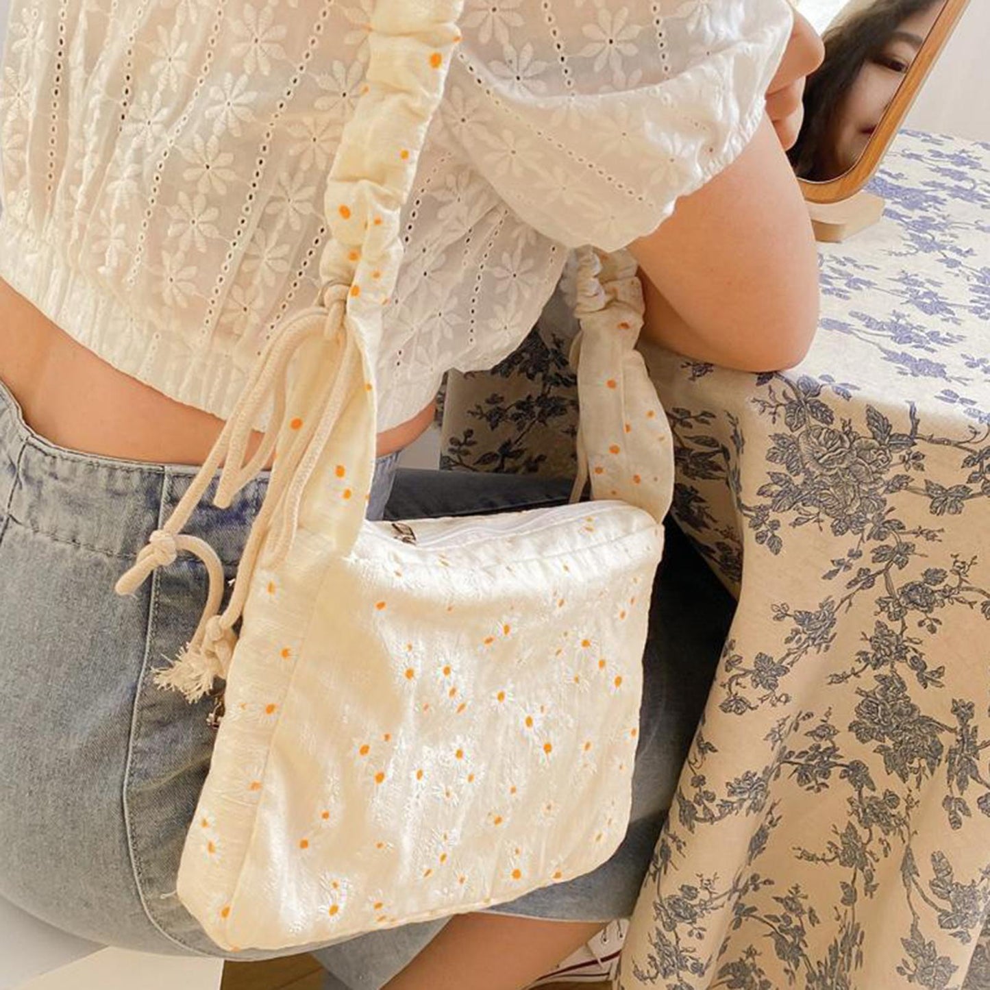 Shopping Shoulder Tote Shopper Bags Cotton Canvas Daisy Satchel Bag Style 3