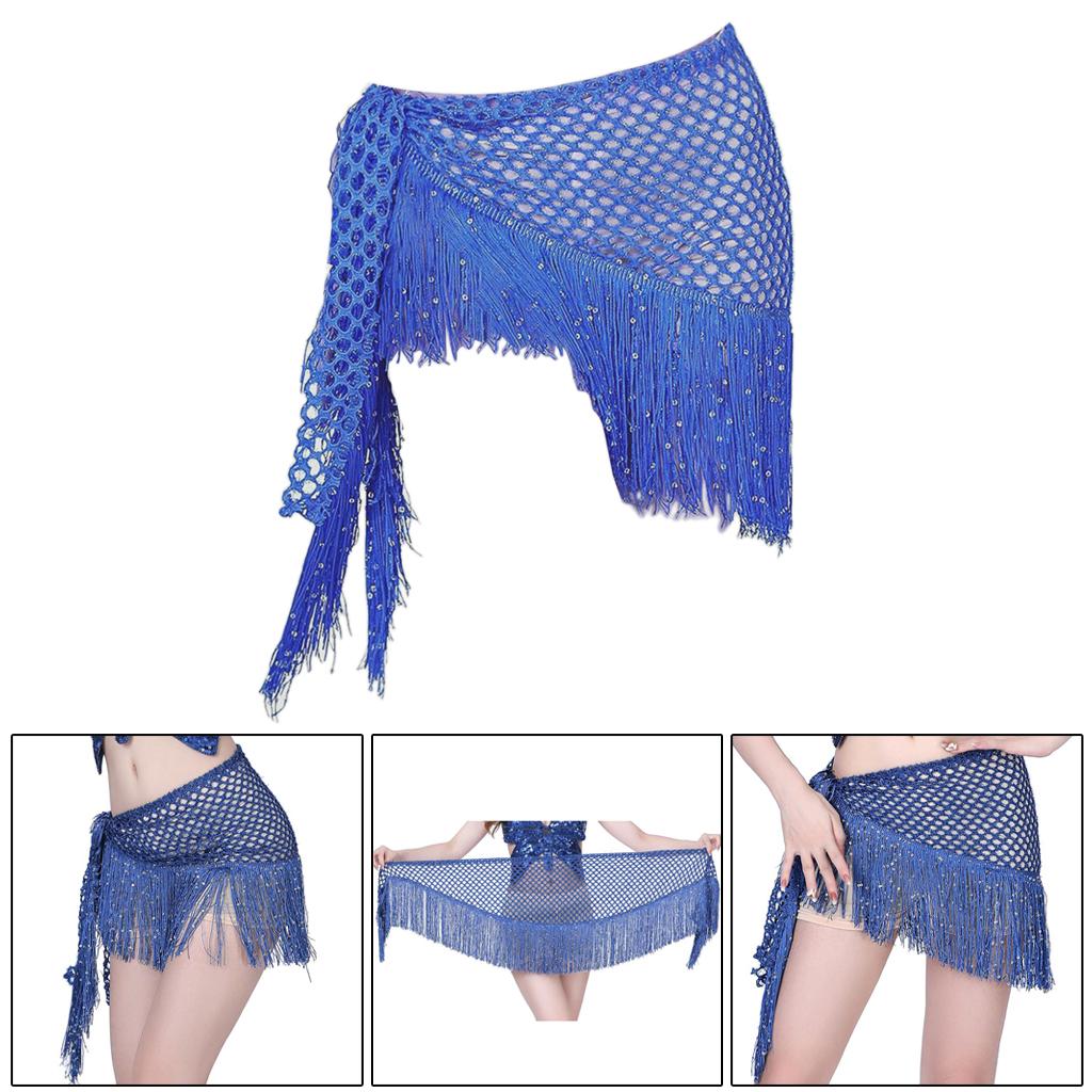 Women Belly Dance Hip Scarf Sequins Dance Belt Tassel Skirt Belt Royal Blue