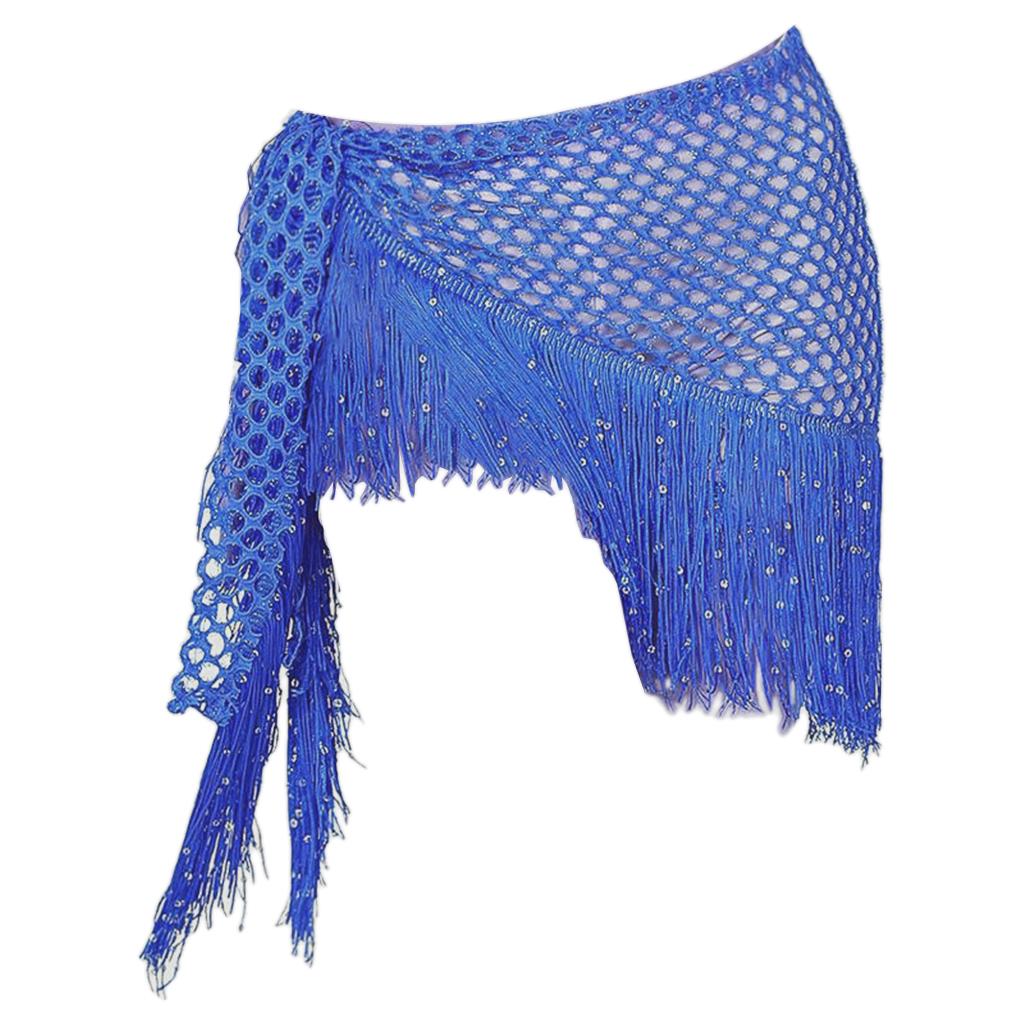 Women Belly Dance Hip Scarf Sequins Dance Belt Tassel Skirt Belt Royal Blue