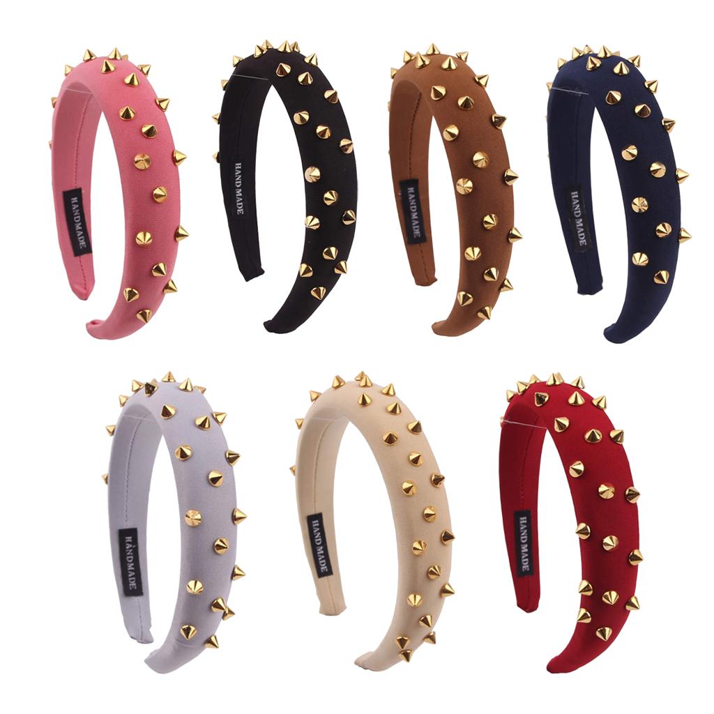 Women Punk Rivet Headband Sponge Headwear Wide Head Wrap Hair Bands Brown