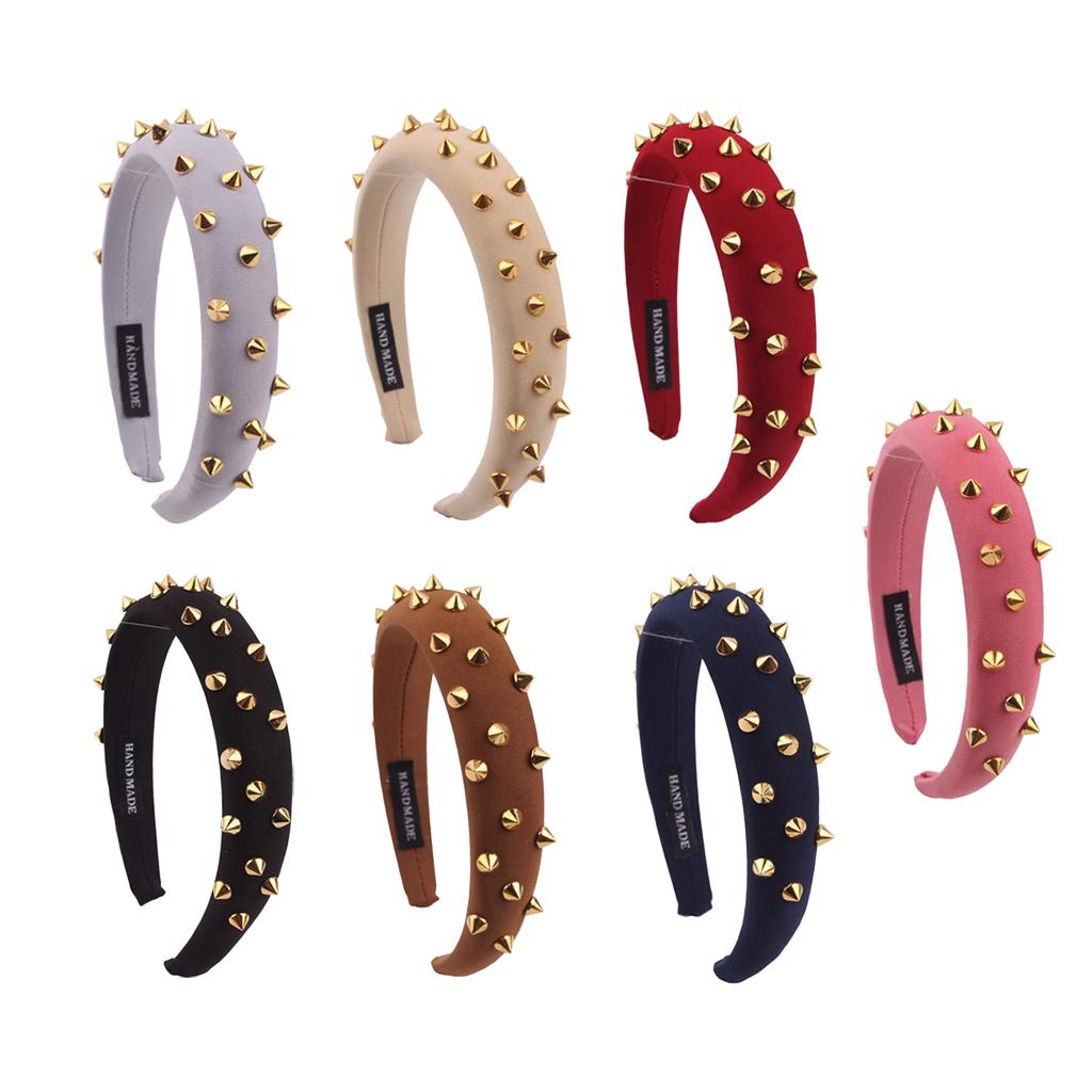 Women Punk Rivet Headband Sponge Headwear Wide Head Wrap Hair Bands Brown