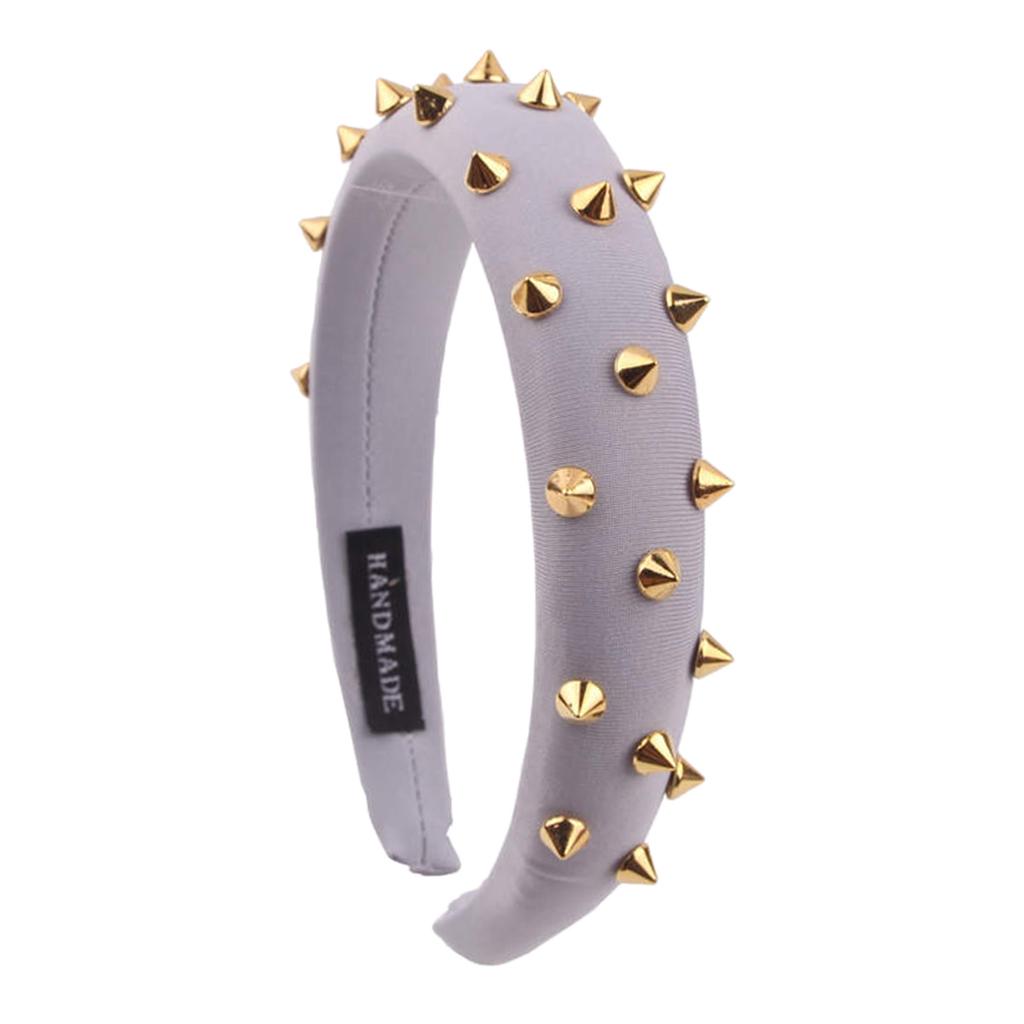 Women Punk Rivet Headband Sponge Headwear Wide Head Wrap Hair Bands Grey