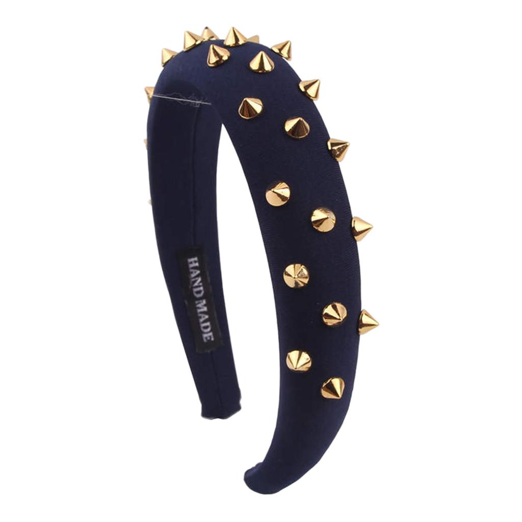 Women Punk Rivet Headband Sponge Headwear Wide Head Wrap Hair Bands Navy