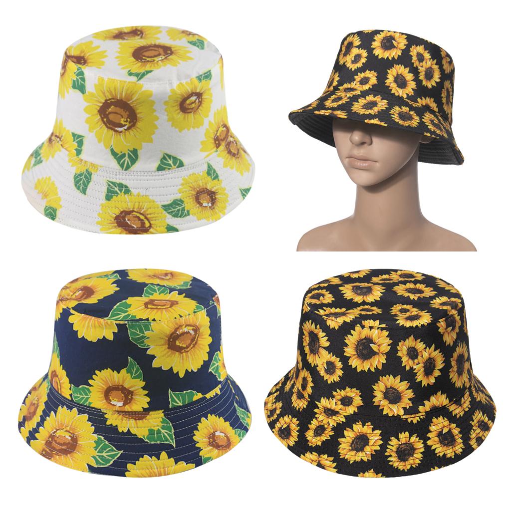 Outdoor Camping Bucket Hat Sunflower Print Hiking Fisherman Hats White