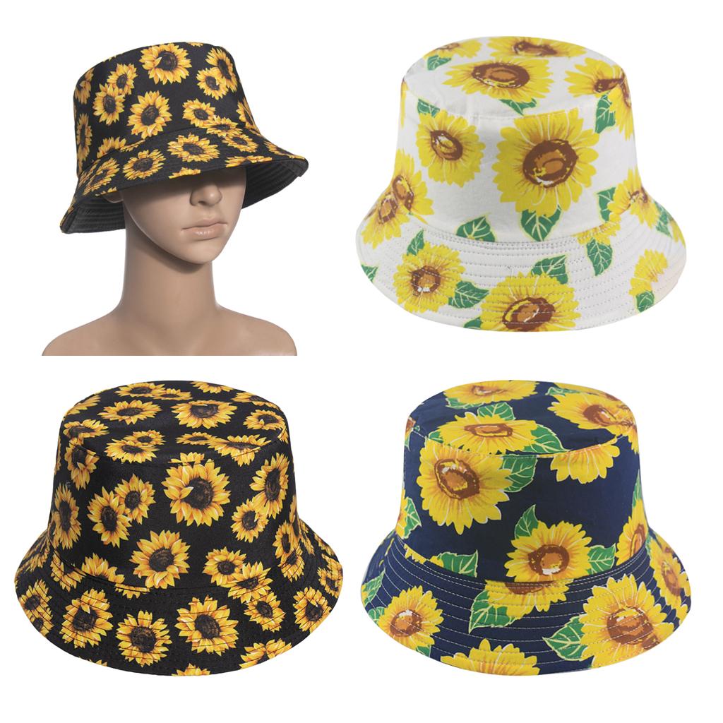 Outdoor Camping Bucket Hat Sunflower Print Hiking Fisherman Hats White
