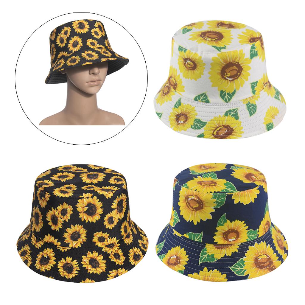 Outdoor Camping Bucket Hat Sunflower Print Hiking Fisherman Hats White