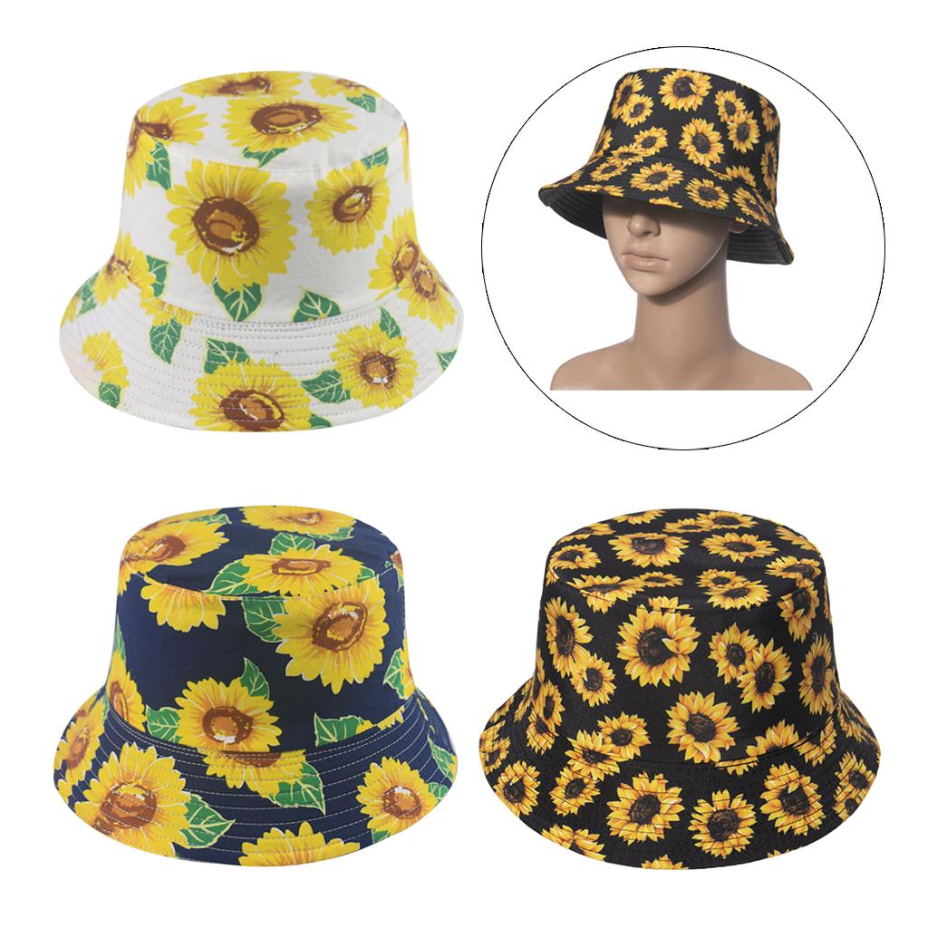 Outdoor Camping Bucket Hat Sunflower Print Hiking Fisherman Hats White