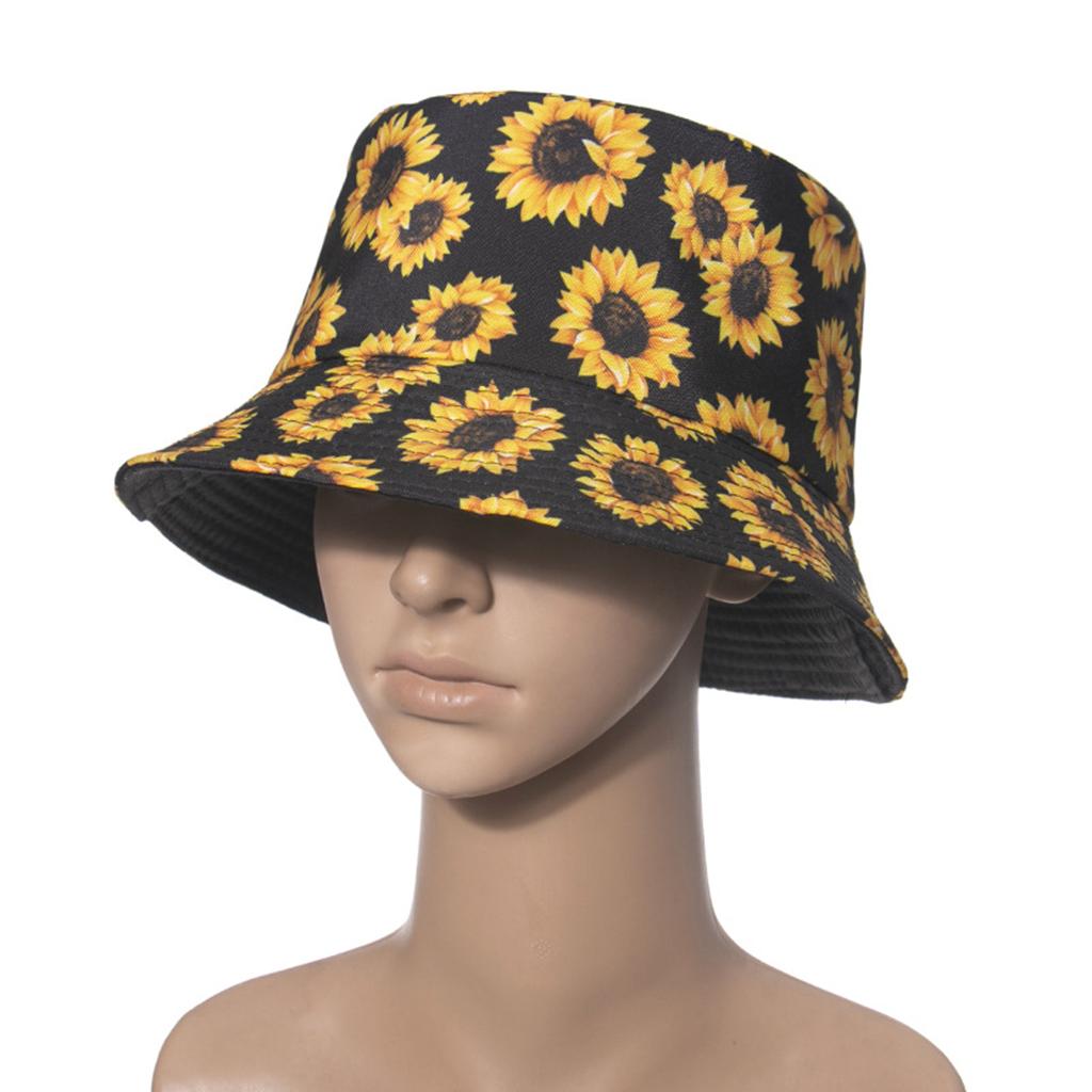 Outdoor Camping Bucket Hat Sunflower Print Hiking Fisherman Hats Black
