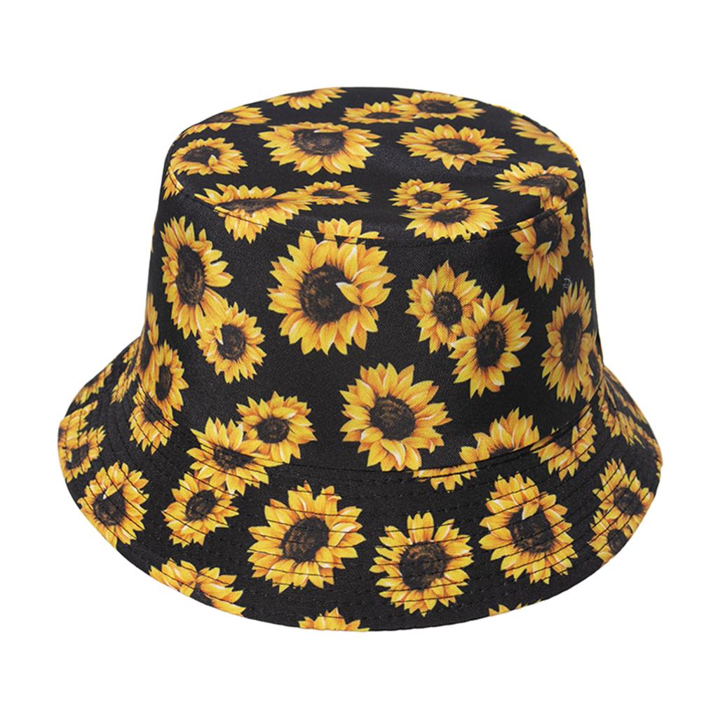 Outdoor Camping Bucket Hat Sunflower Print Hiking Fisherman Hats Black