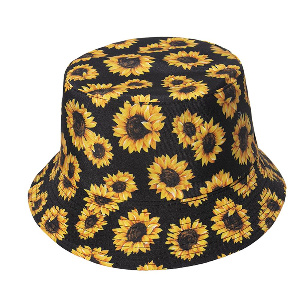 Outdoor Camping Bucket Hat Sunflower Print Hiking Fisherman Hats Black