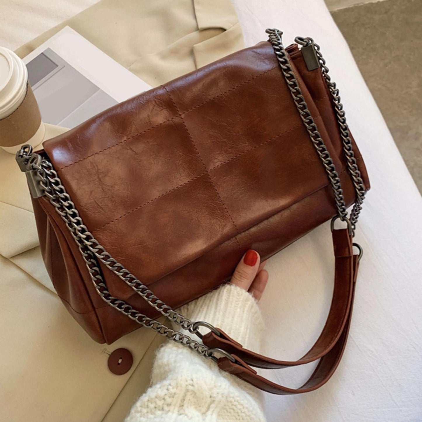 Retro Ladies Leather Chain Shoulder Bag Travel Crossbody Bags Handbag Coffee