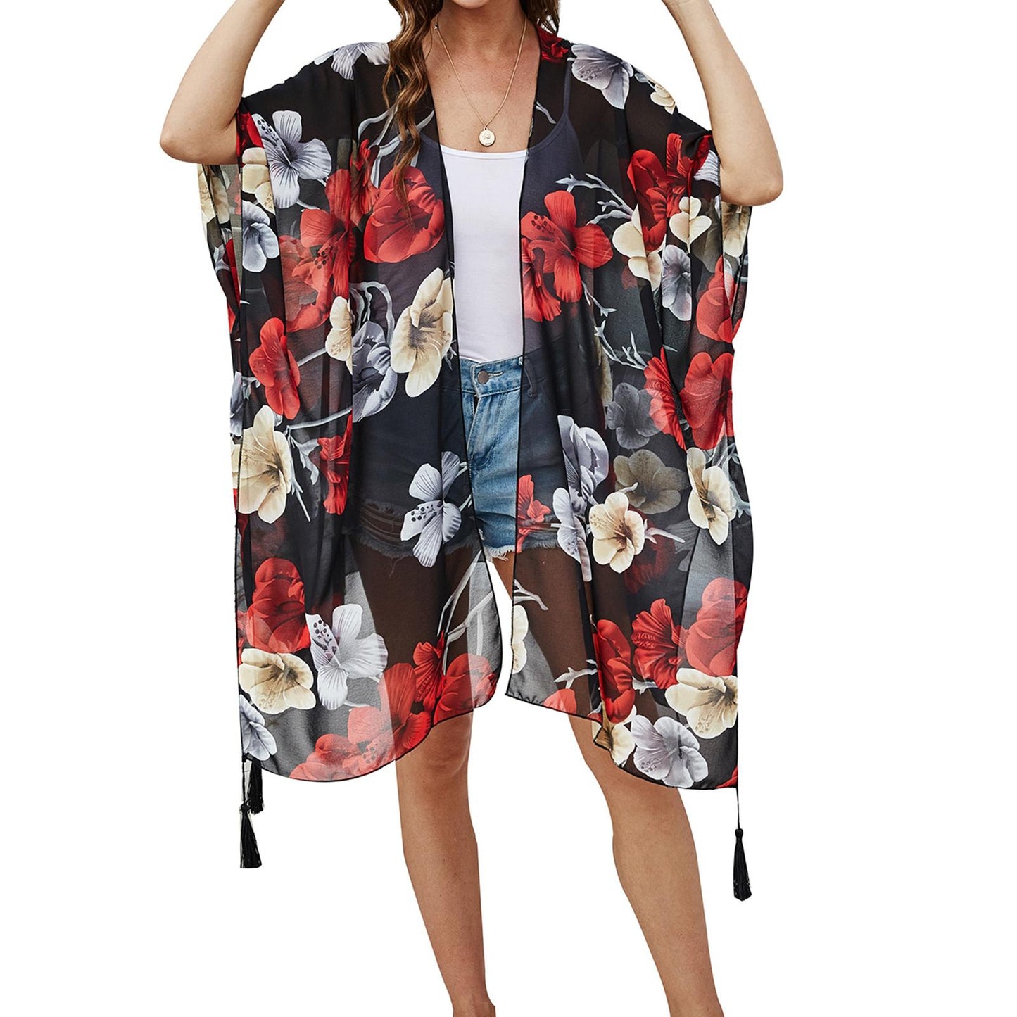 Lady Summer Floral Short Coat Sun Protection Cardigan Outwear Chiffon Top