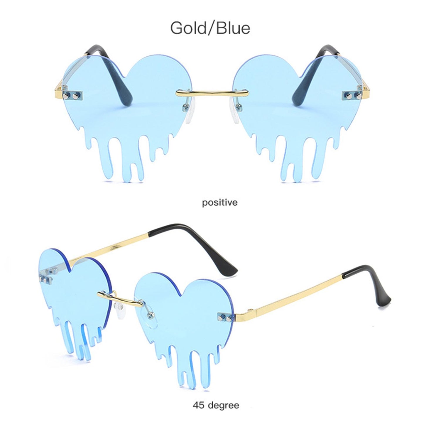 Fashion Dripping Heart Sun Glasses Personality Party Eye Glasses Frameless blue