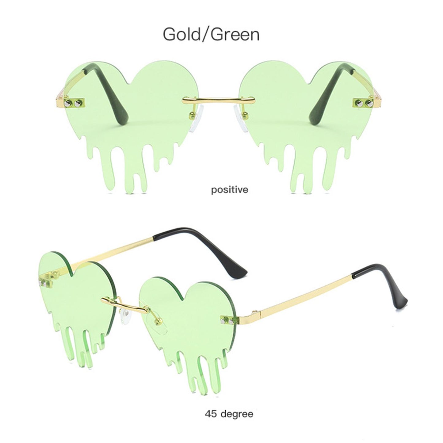 Fashion Dripping Heart Sun Glasses Personality Party Eye Glasses Frameless green