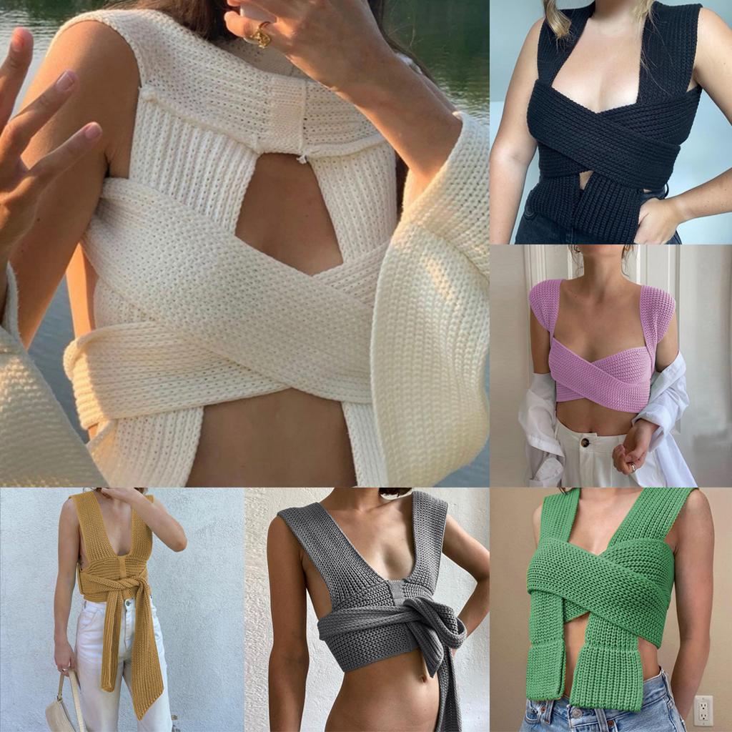 Chic Women Knitted Bandage Self Tie Tank Top Sleeveless Vest DIY Wear Black