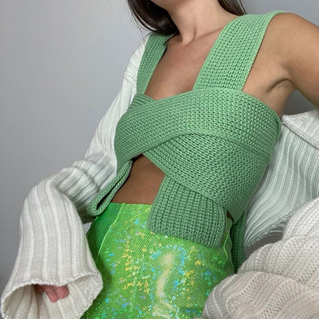 Chic Women Knitted Bandage Self Tie Tank Top Sleeveless Vest DIY Wear Green