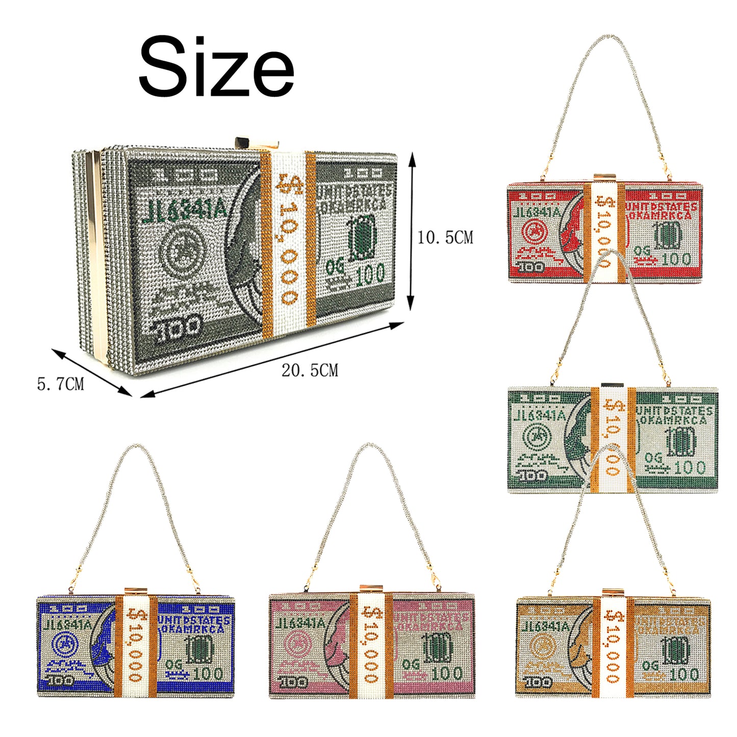 Dollar Cash Bag Rhinestone Money Shoulder Bag Bill Diamond Clutch Purse Red