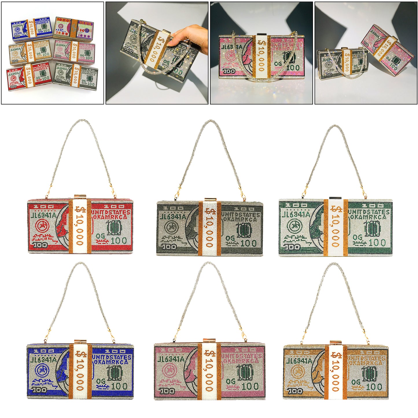 Dollar Cash Bag Rhinestone Money Shoulder Bag Bill Diamond Clutch Purse Red