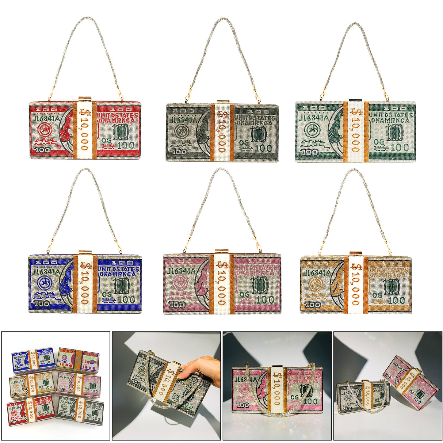 Dollar Cash Bag Rhinestone Money Shoulder Bag Bill Diamond Clutch Purse Red