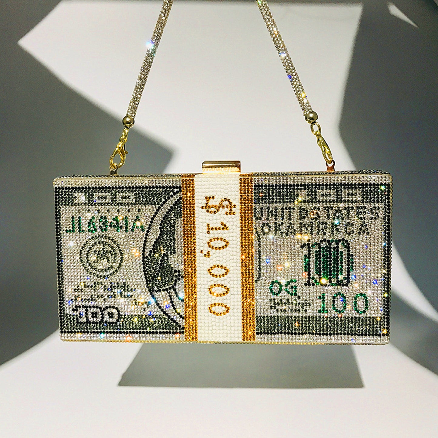 Dollar Cash Bag Rhinestone Money Shoulder Bag Bill Diamond Clutch Purse Light Gray