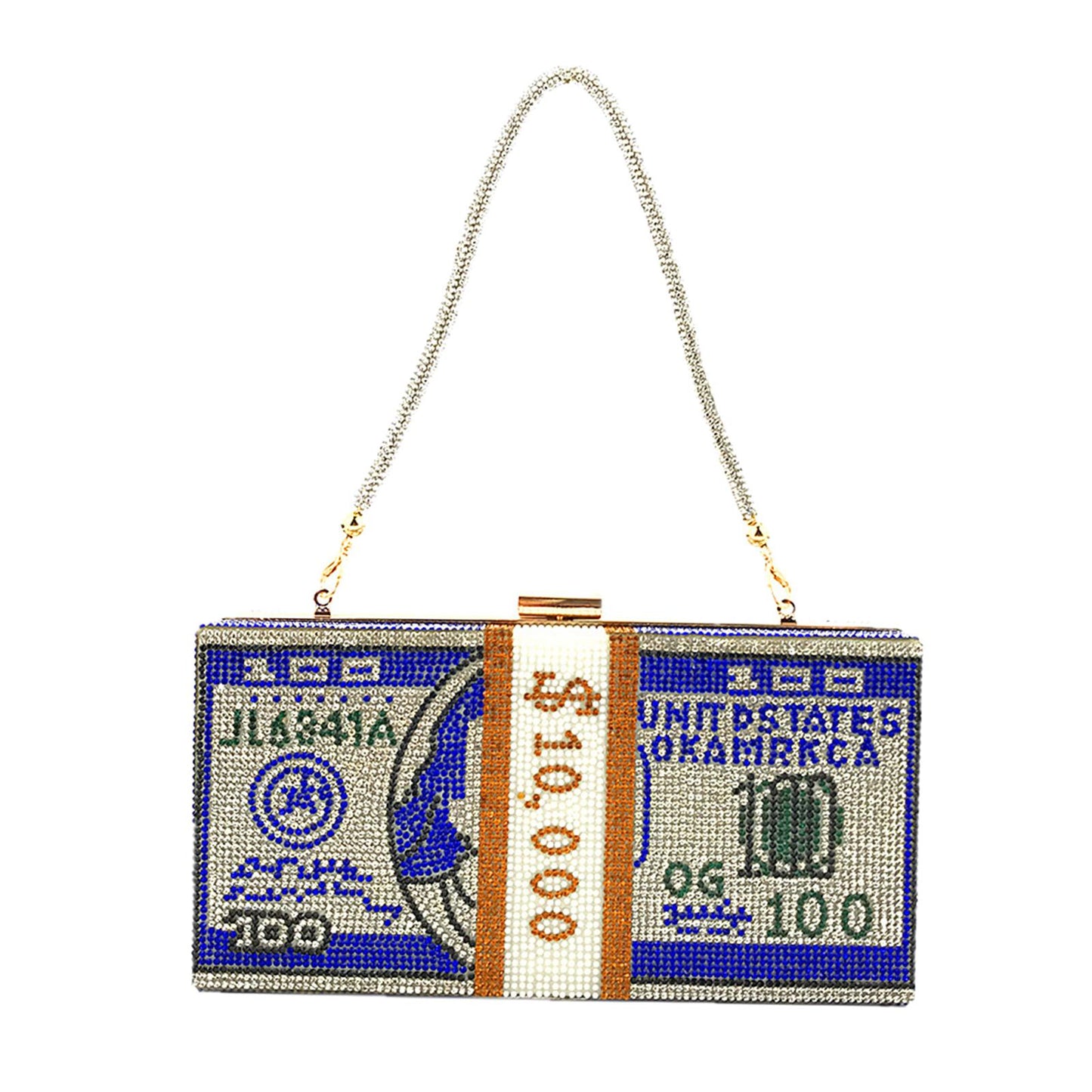Dollar Cash Bag Rhinestone Money Shoulder Bag Bill Diamond Clutch Purse Blue