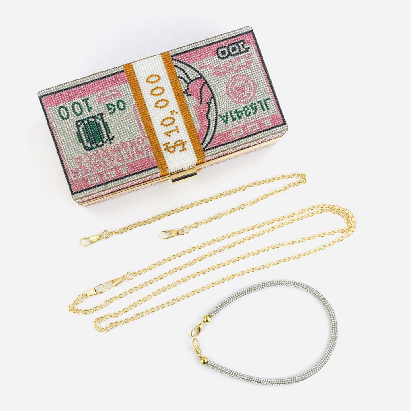 Dollar Cash Bag Rhinestone Money Shoulder Bag Bill Diamond Clutch Purse Pink