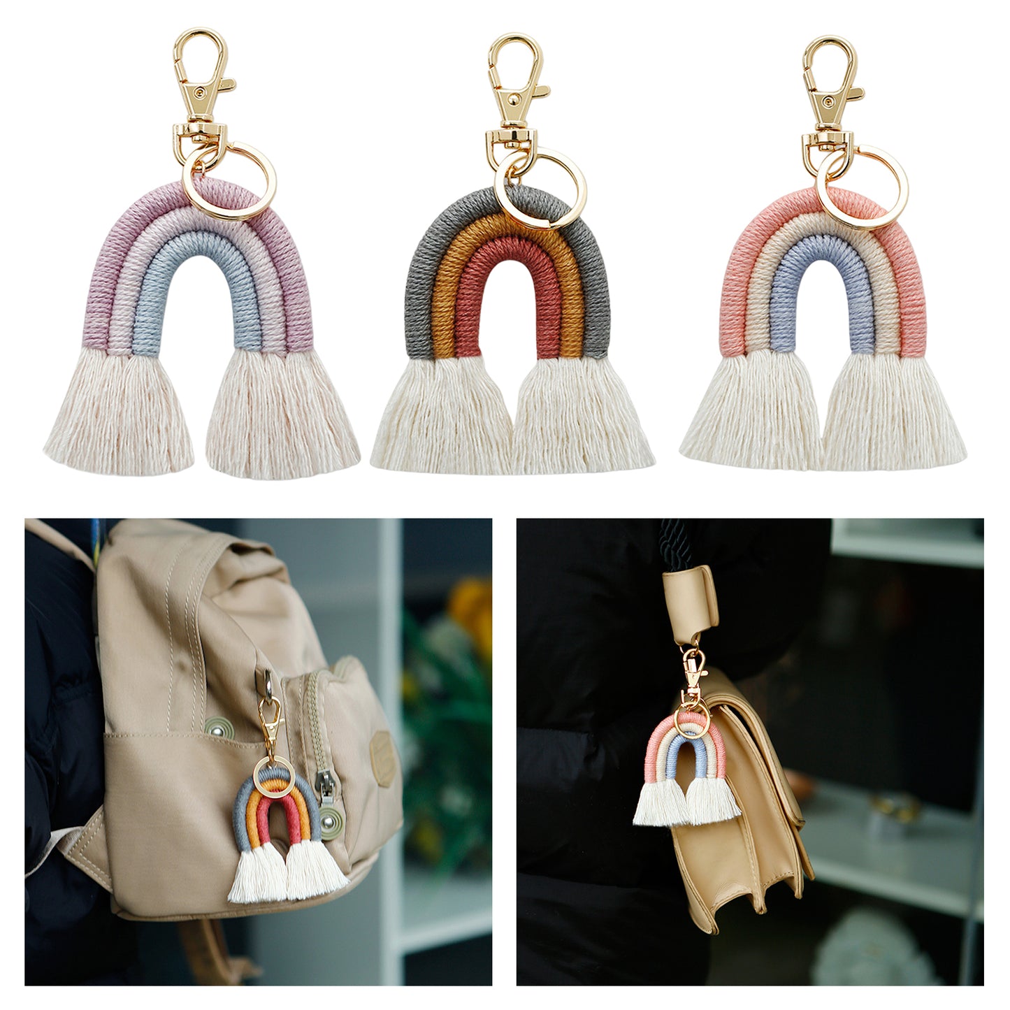 Weaving Rainbow Keychains Tassel Macrame Key Holder Keyring Bag Charm Purple