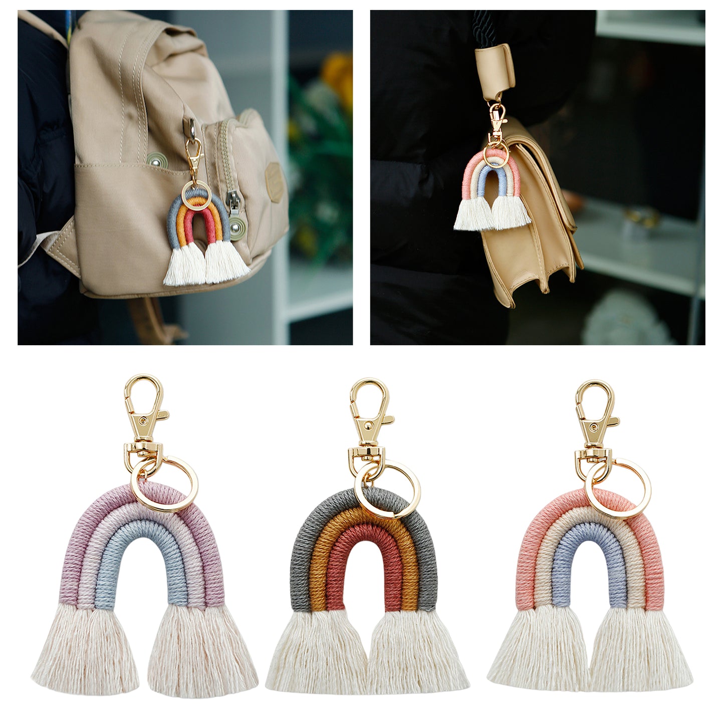 Weaving Rainbow Keychains Tassel Macrame Key Holder Keyring Bag Charm Purple