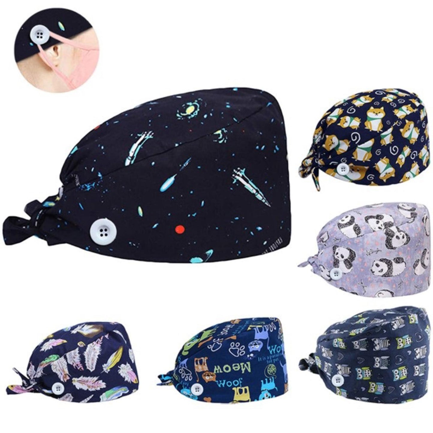 WOMEN SCRUB HAT SWEATBAND CAP BOUFFANT CAPS WITH BUTTONS Panda