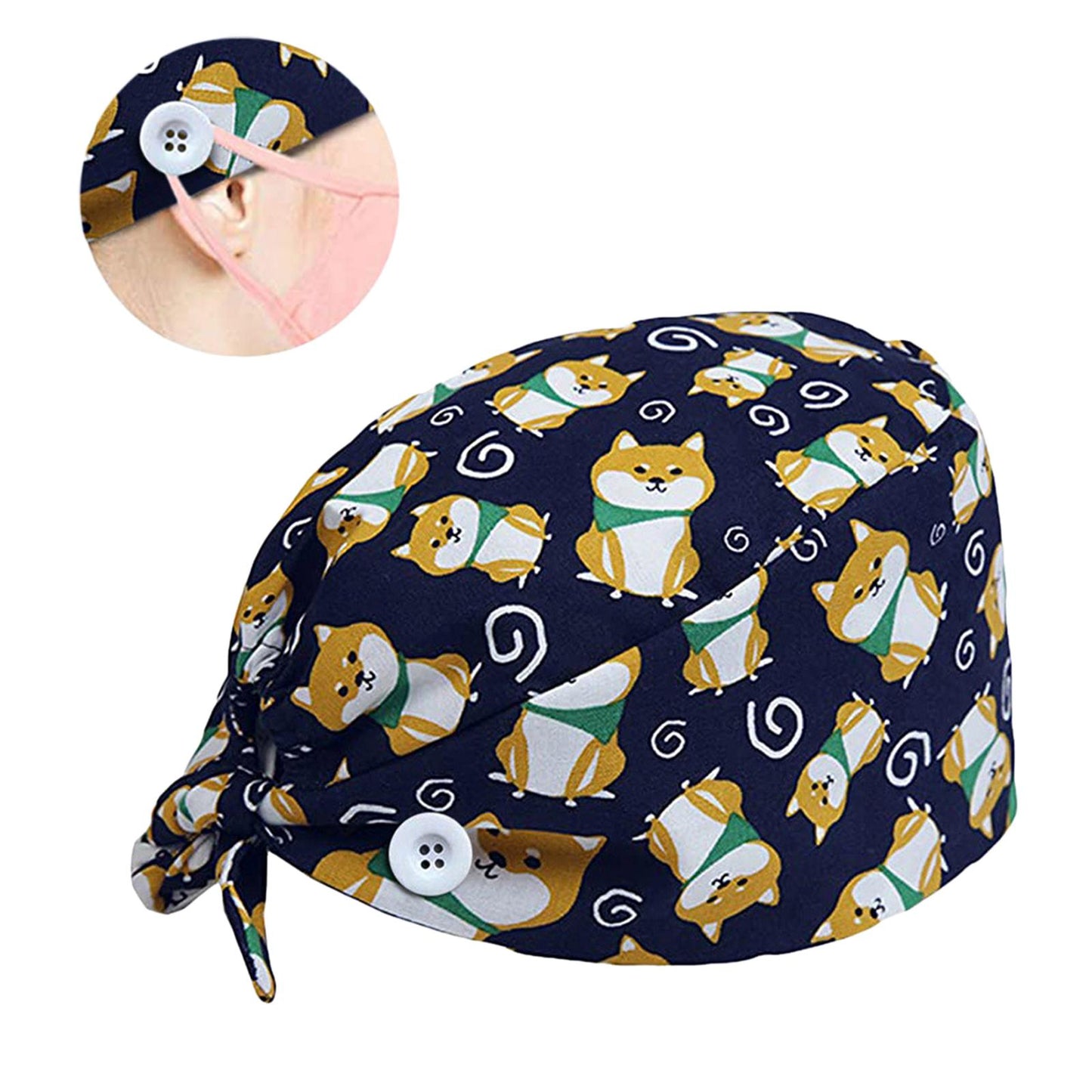WOMEN SCRUB HAT SWEATBAND CAP BOUFFANT CAPS WITH BUTTONS Dog