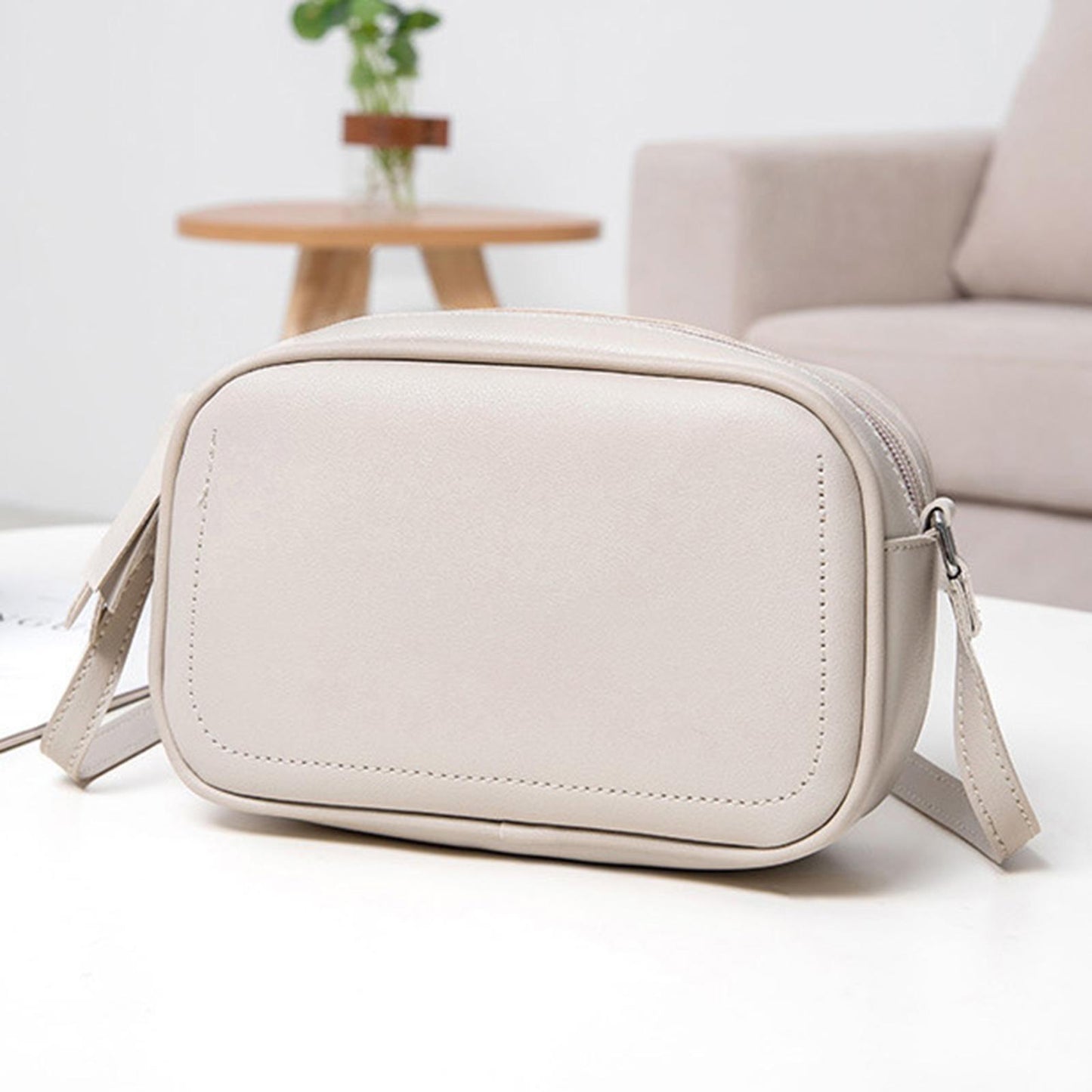 PU Leather Lady Messenger Bag with Long Strap Simple Shopping Shoulder Bag cream color