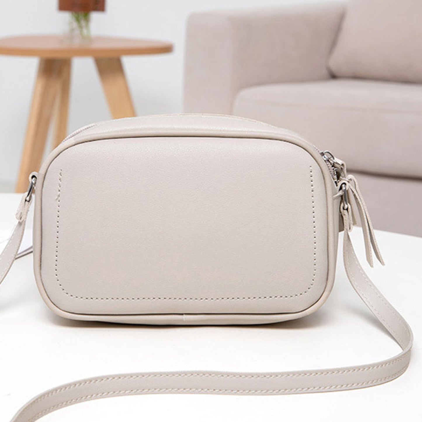 PU Leather Lady Messenger Bag with Long Strap Simple Shopping Shoulder Bag cream color