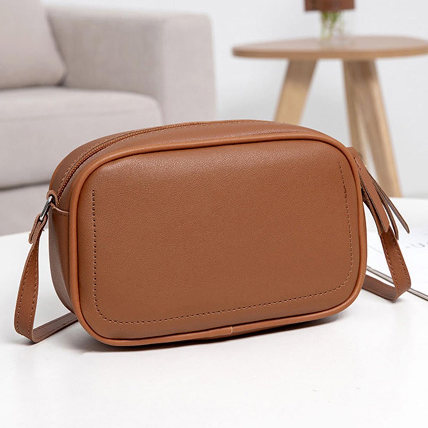 PU Leather Lady Messenger Bag with Long Strap Simple Shopping Shoulder Bag brown