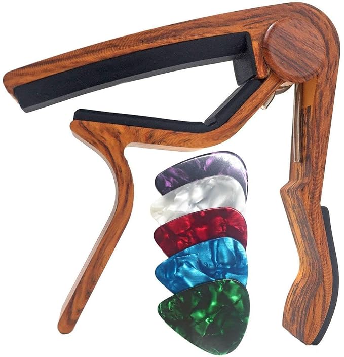 UNIQKART Guitar Capo for 6-String Acoustic Electric Guitars, Quick Change for U-kulele B-anjo Man-dolin Bass with 5 Free Picks, Rosewood