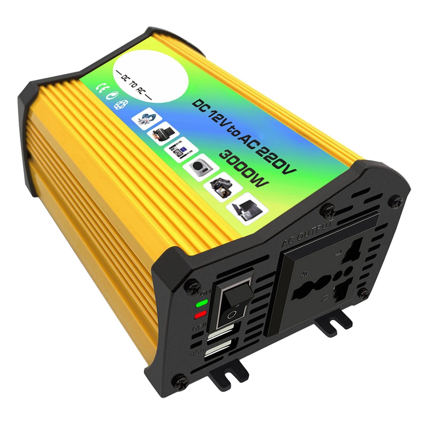 300W DC 12V to AC Inverter with 2 USB Charging Ports for Camping Outdoor Yellow 220V B