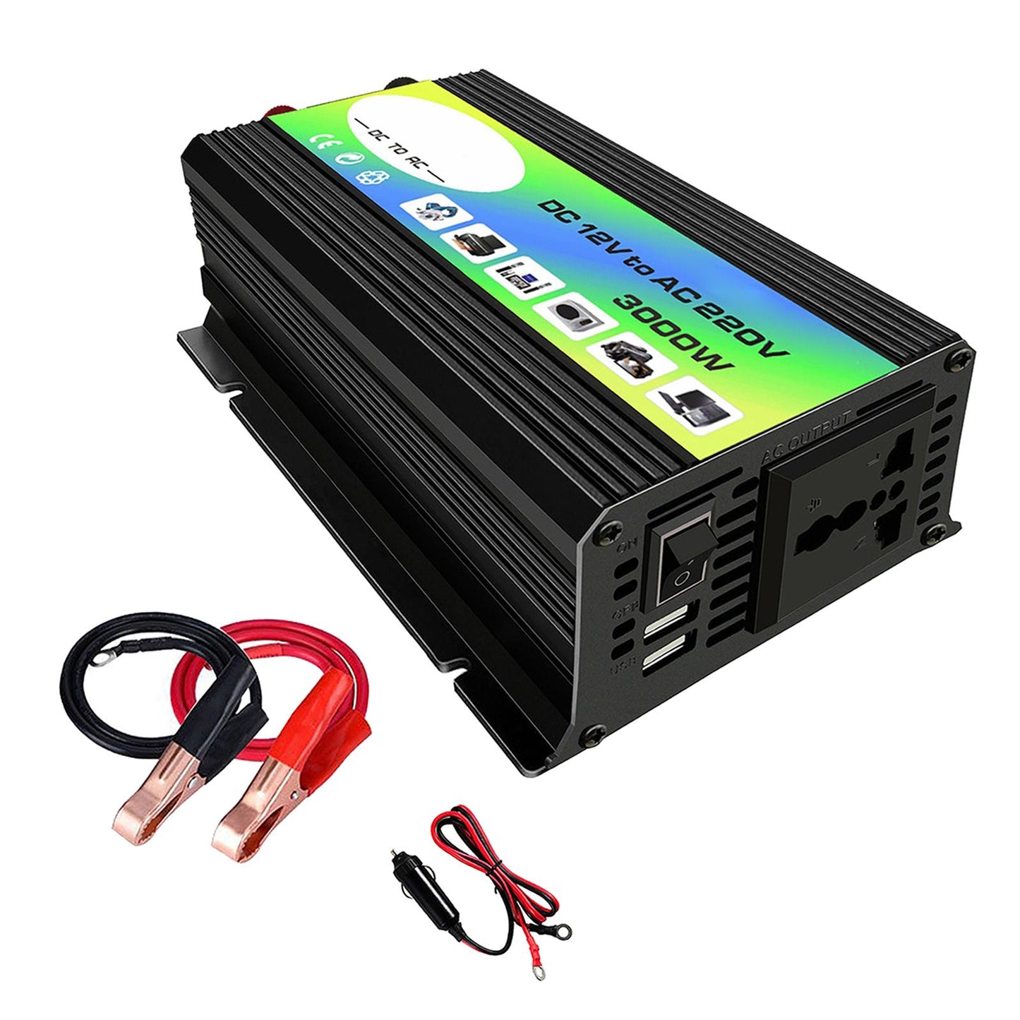 300W DC 12V to AC Inverter with 2 USB Charging Ports for Camping Outdoor Black 220V C