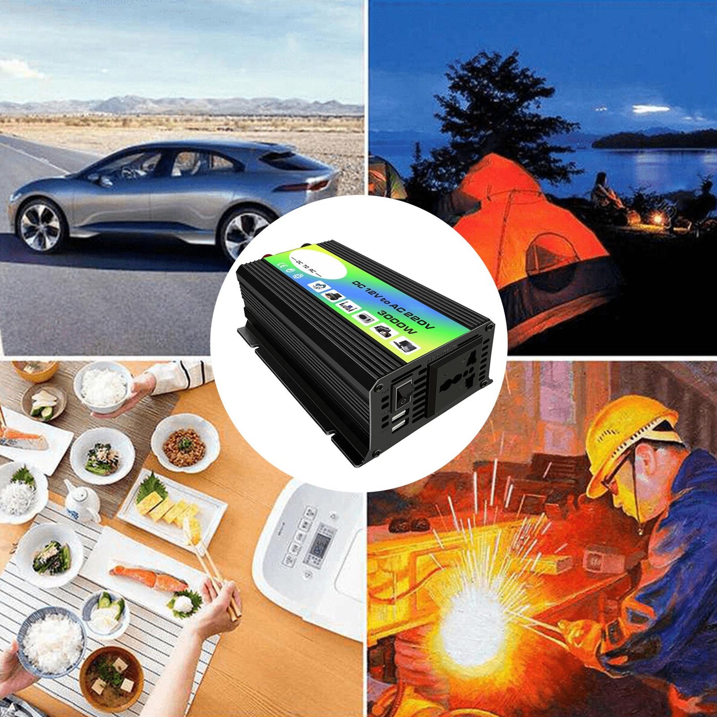 300W DC 12V to AC Inverter with 2 USB Charging Ports for Camping Outdoor Black 220V C