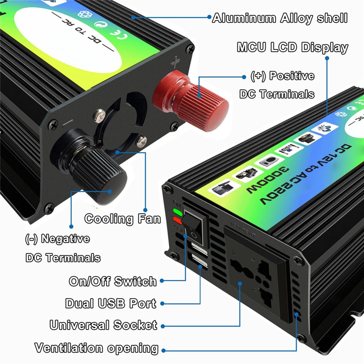 300W DC 12V to AC Inverter with 2 USB Charging Ports for Camping Outdoor Black 110V C