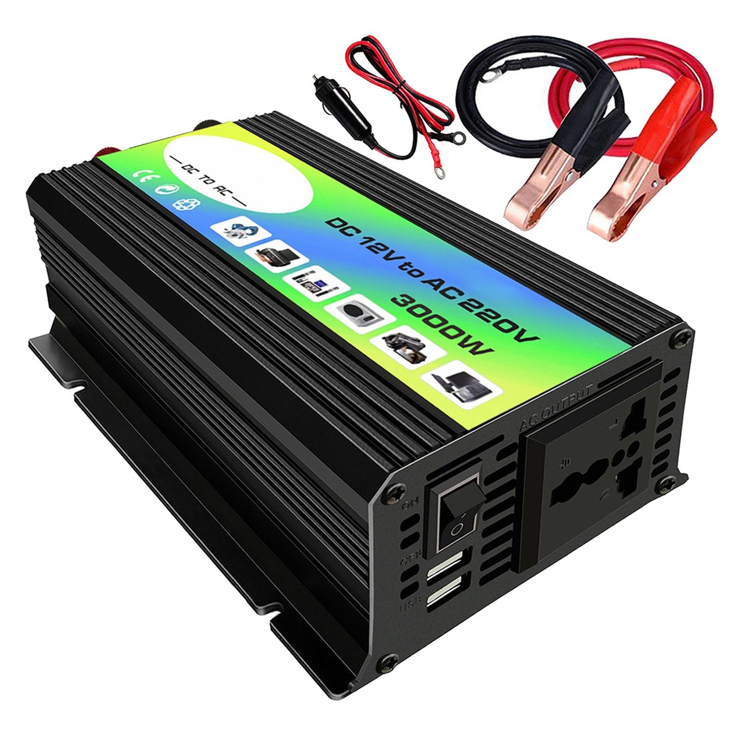 300W DC 12V to AC Inverter with 2 USB Charging Ports for Camping Outdoor Black 110V C