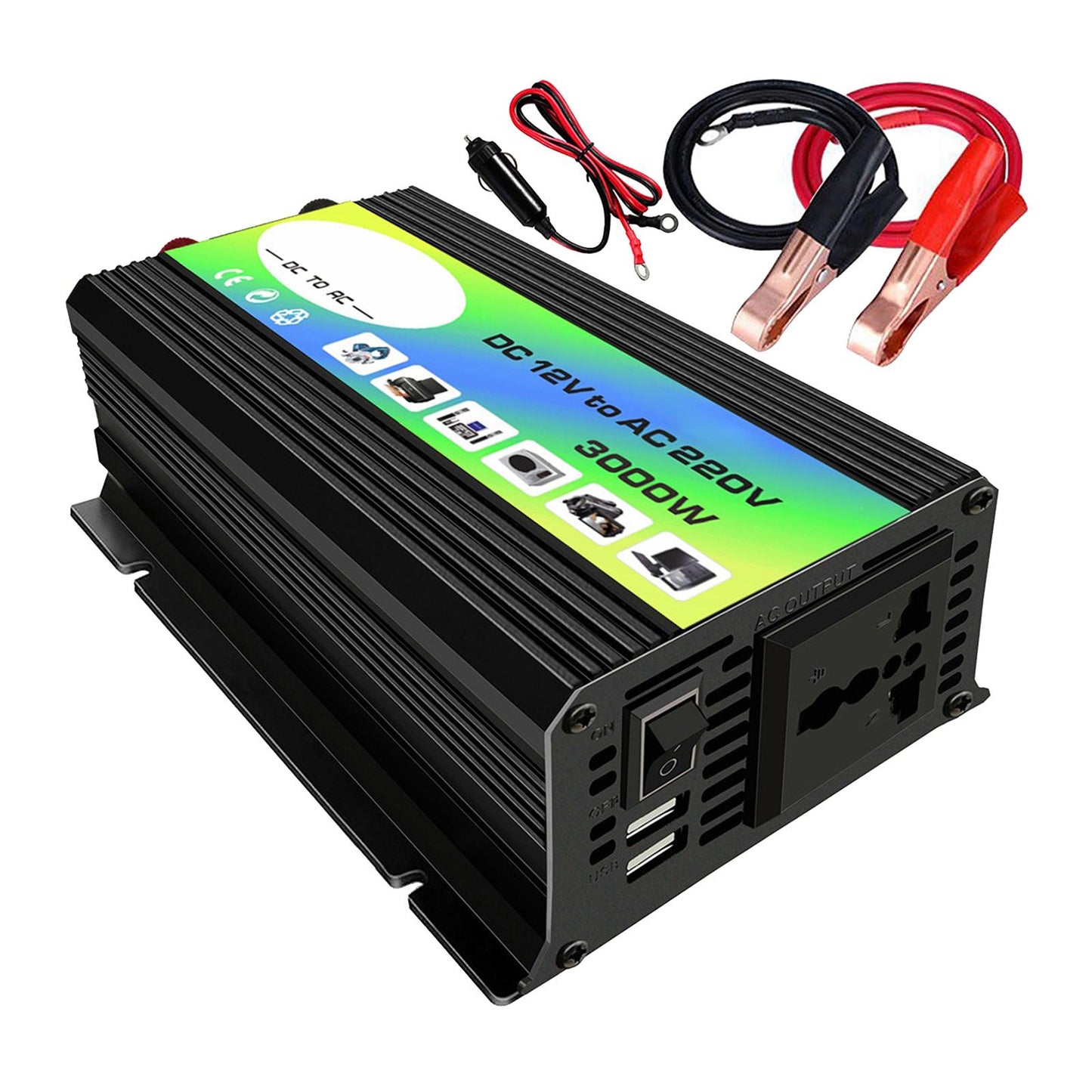 300W DC 12V to AC Inverter with 2 USB Charging Ports for Camping Outdoor Black 110V C