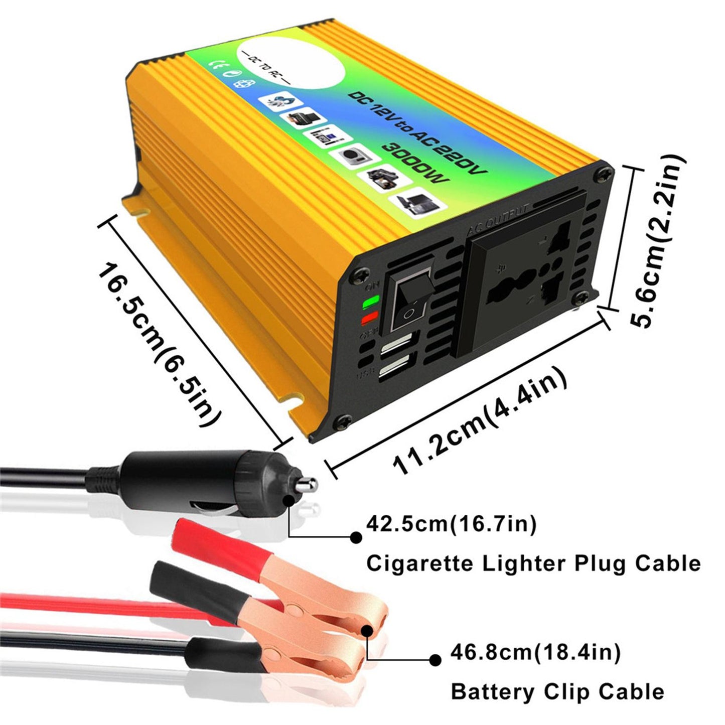 300W DC 12V to AC Inverter with 2 USB Charging Ports for Camping Outdoor Yellow 220V D