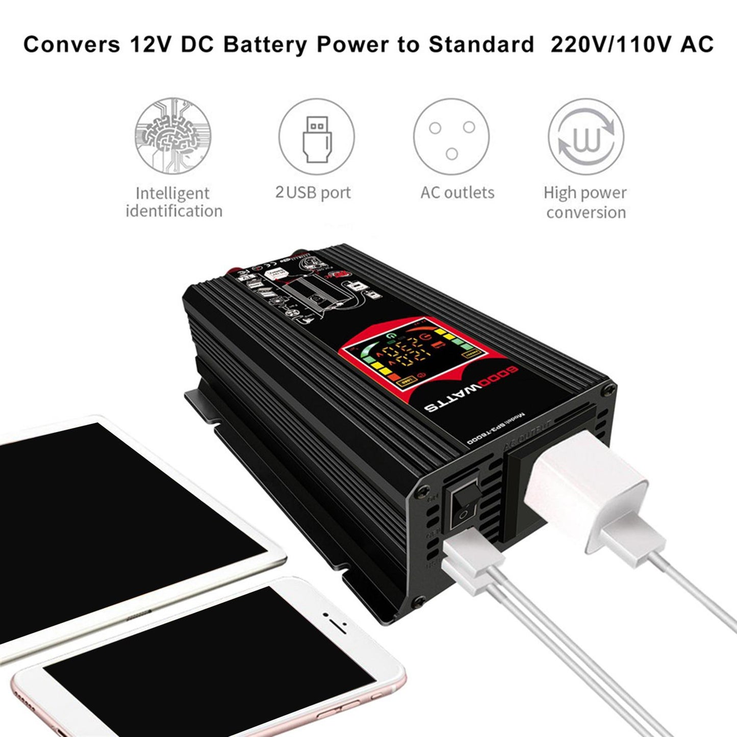 DC 12V to AC 110V/220V Power Inverter Charger Power Supply Black 220V B