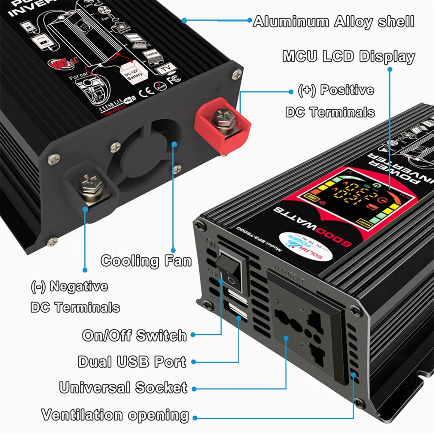 DC 12V to AC 110V/220V Power Inverter Charger Power Supply Black 220V B