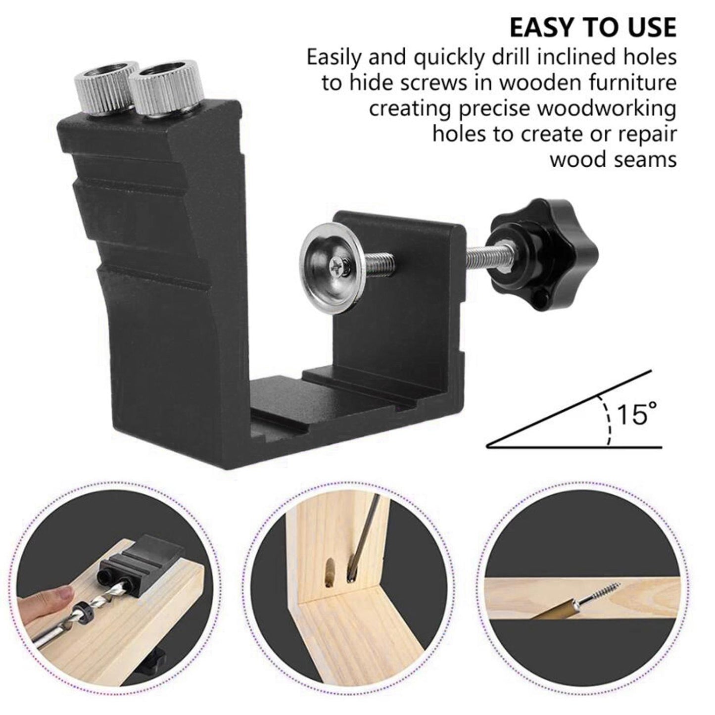 Pocket Hole Jig Kit Oblique Drill Joinery Screw Kit Tool Locator Black