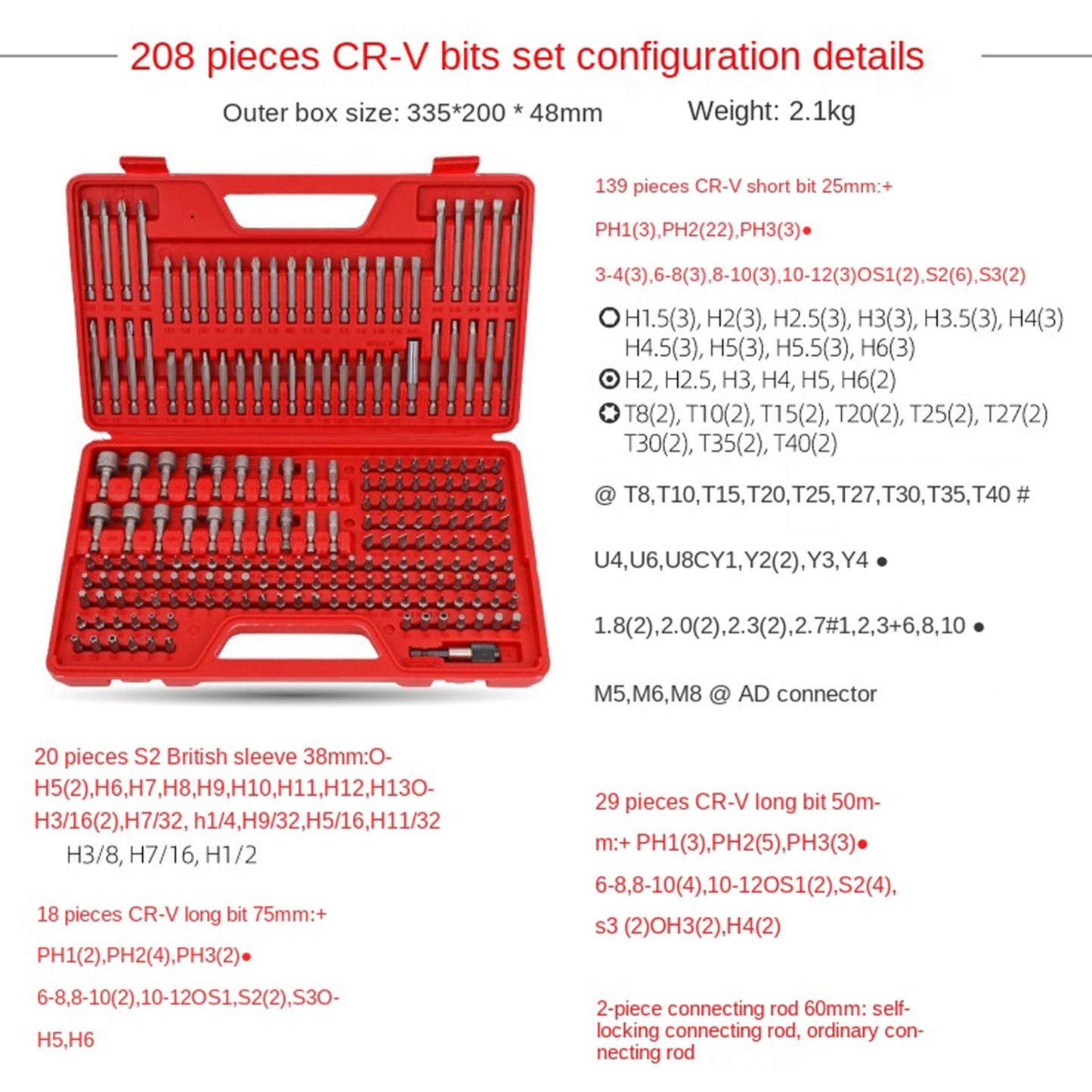 208pcs CRV Screwdriver Bits Kit Alloy Repairing Tools with Storage Box