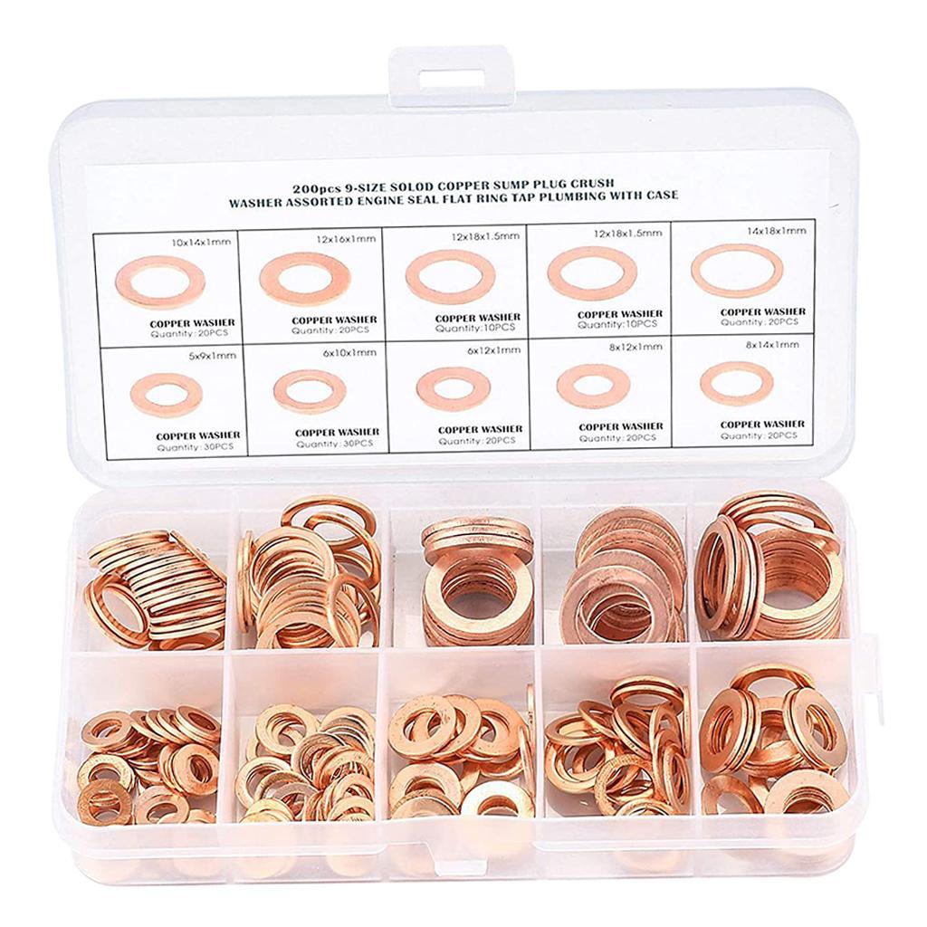 200 Pieces Copper Sealing Rings 9Sizes Flat Sealing Ring Assortment Kit