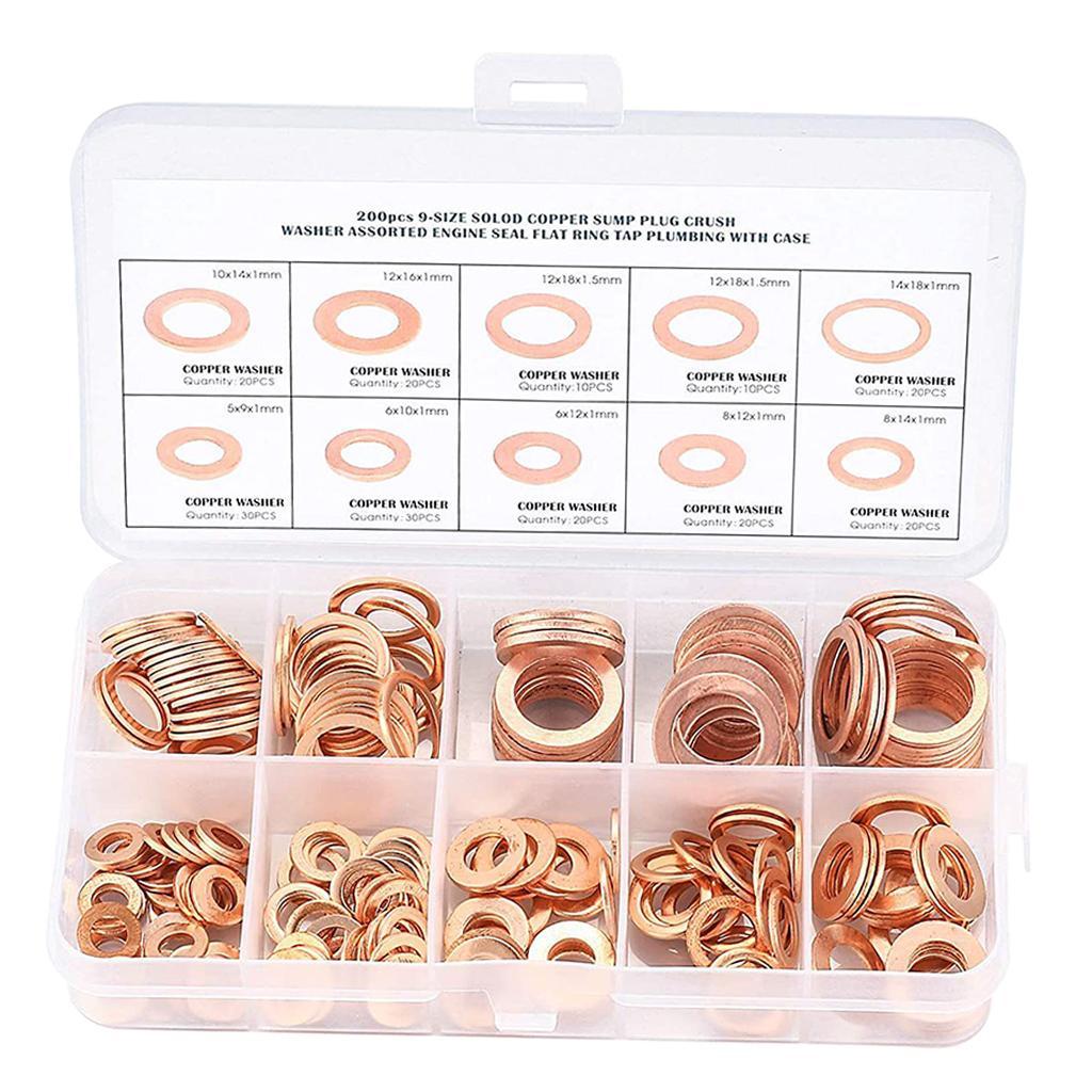 200 Pieces Copper Sealing Rings 9Sizes Flat Sealing Ring Assortment Kit